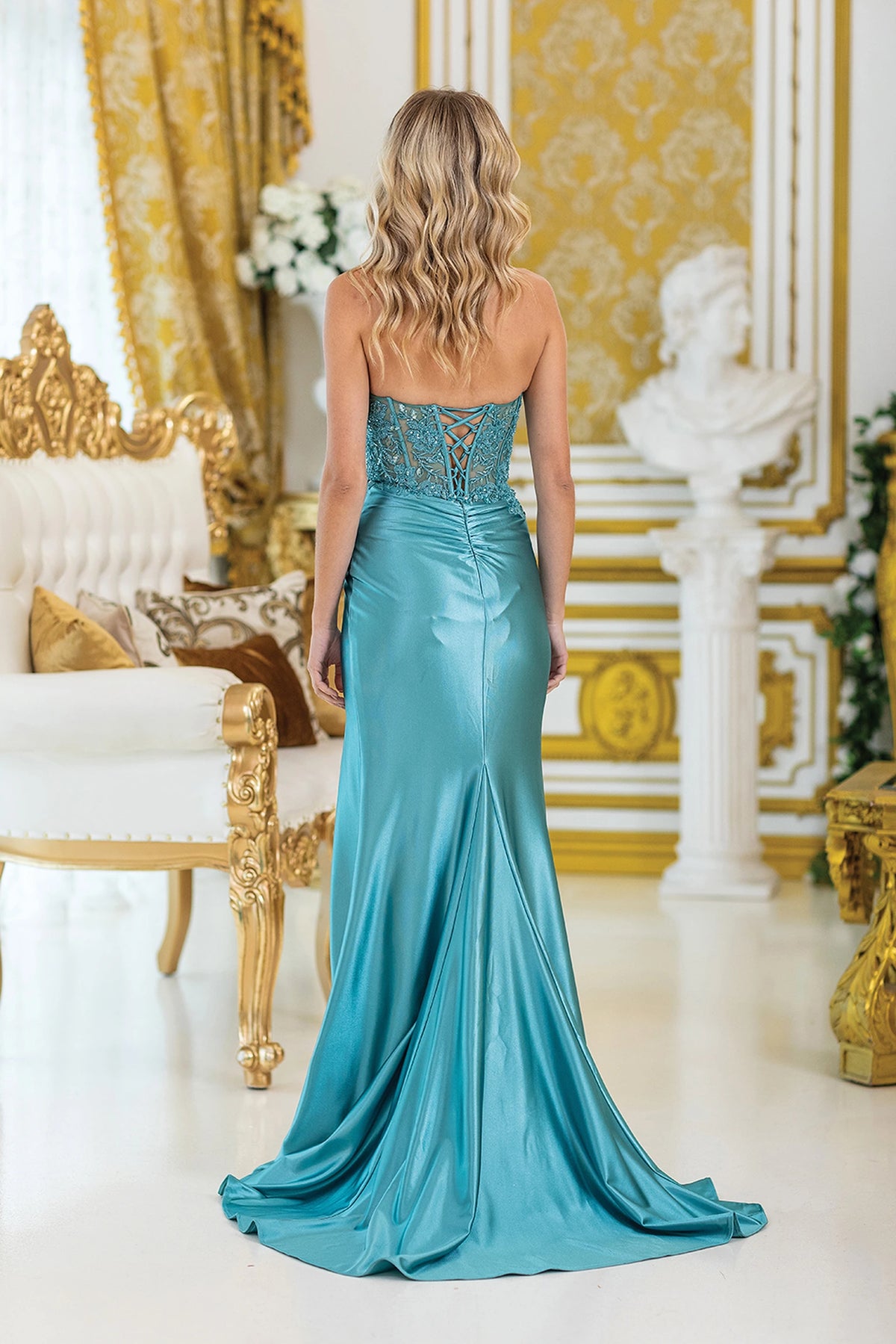 From the back, the Sage prom dress reveals its floor-length skirt.