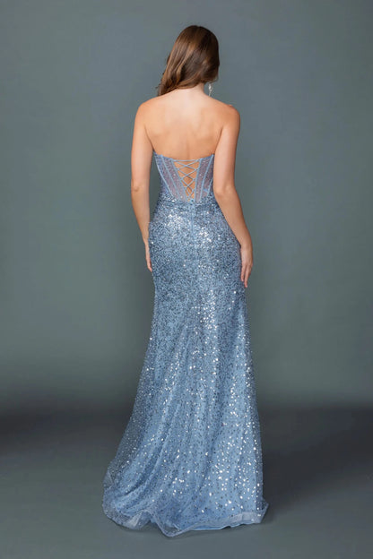 Back full Length view of Gorgeous Dusty Blue Strapless Sequin Prom Dress with Slit