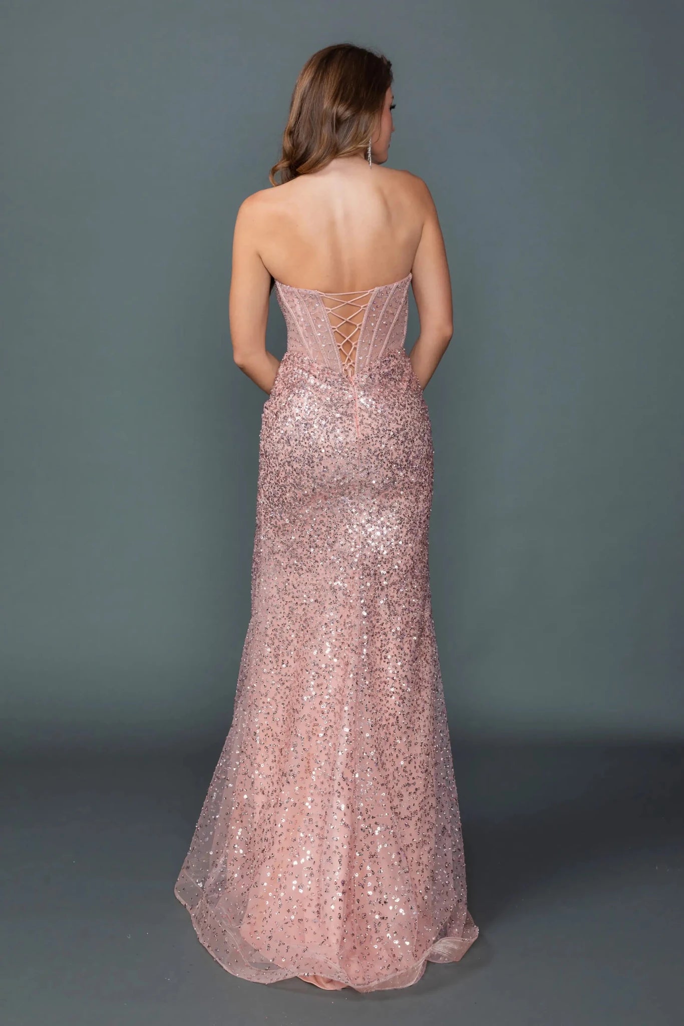 Back full Length view of Romantic Dusty Rose Strapless Sequin Prom Dress with Slit