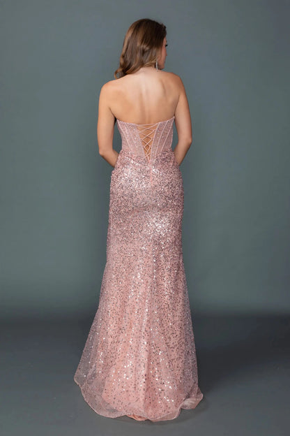 Back full Length view of Romantic Dusty Rose Strapless Sequin Prom Dress with Slit