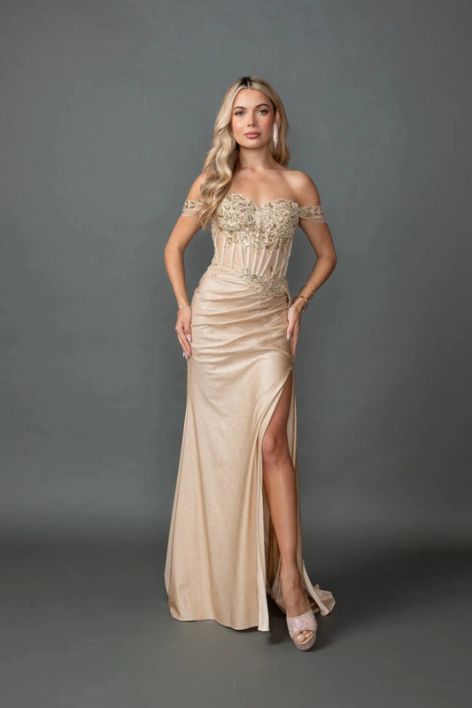 Woman in Gold off-shoulder glitter prom dress with corset and slit.