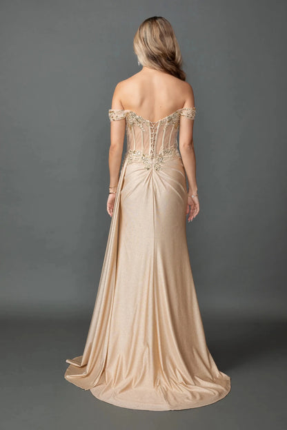 Back full Length view of Dazzling Gold Off-Shoulder Glitter Prom Dress with Slit