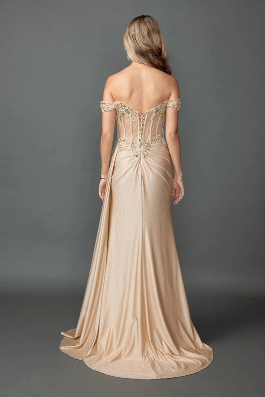 Back full Length view of Dazzling Gold Off-Shoulder Glitter Prom Dress with Slit