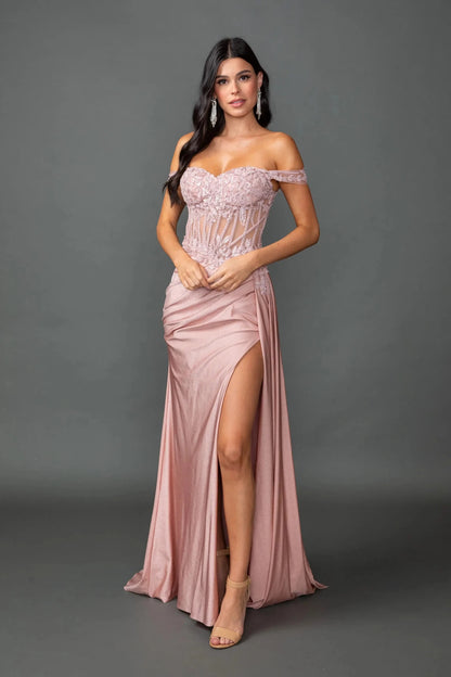 Woman in Rose Gold off-shoulder glitter prom dress with corset and slit.