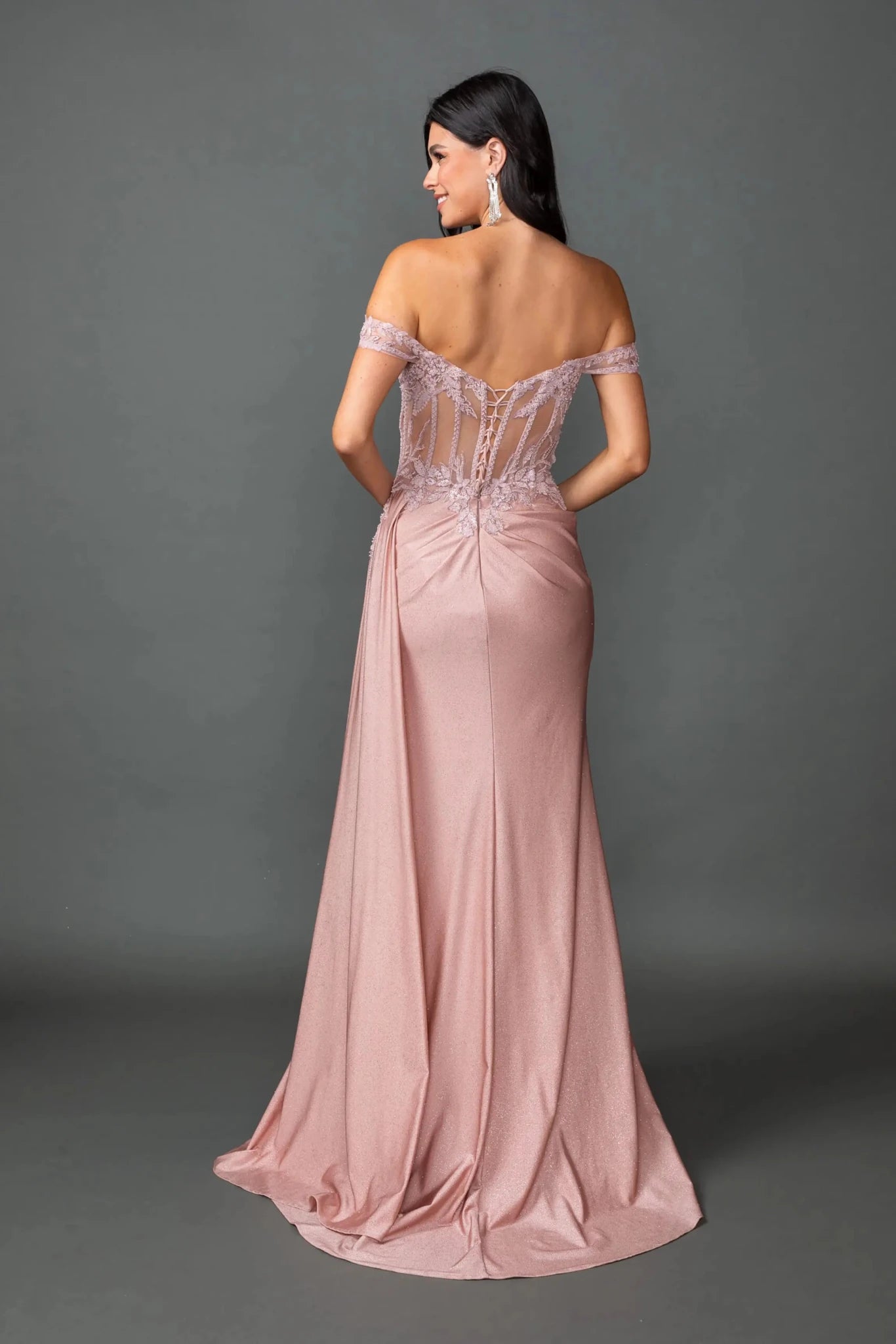 Back full Length view of Radiant Rose Gold Off-Shoulder Glitter Prom Dress with Slit