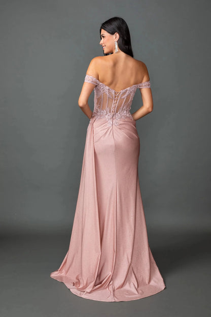 Back full Length view of Radiant Rose Gold Off-Shoulder Glitter Prom Dress with Slit