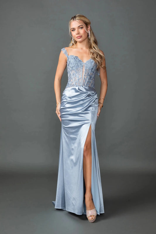 Woman in Dusty blue off-shoulder satin prom dress with lace corset and slit.