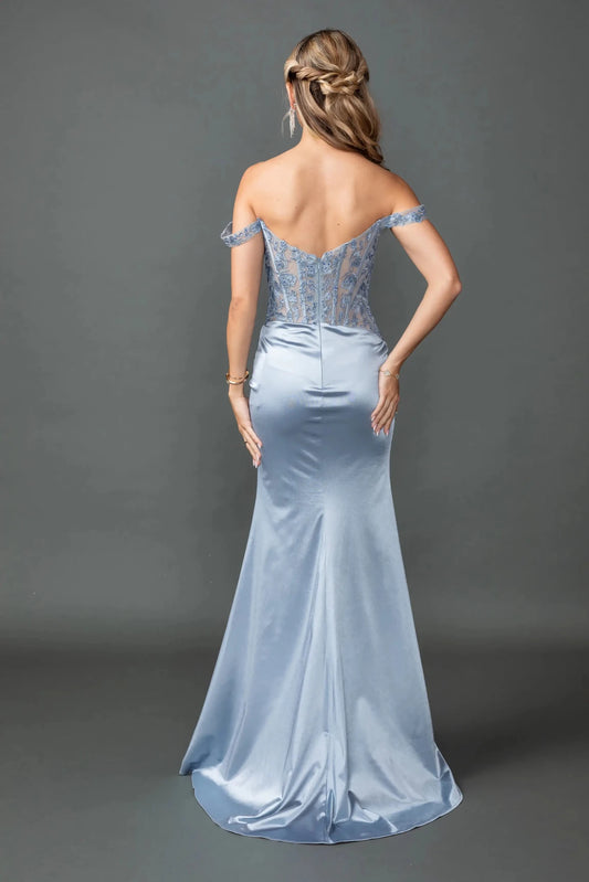 Back full Length view of Sophisticated Dusty Blue Off-Shoulder Satin Prom Dress with Slit