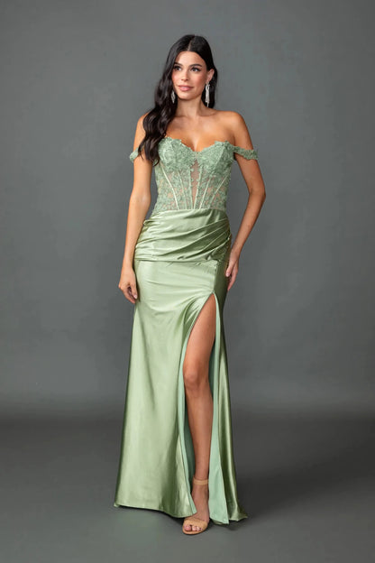 Woman in Olive off-shoulder satin prom dress with lace corset and slit.