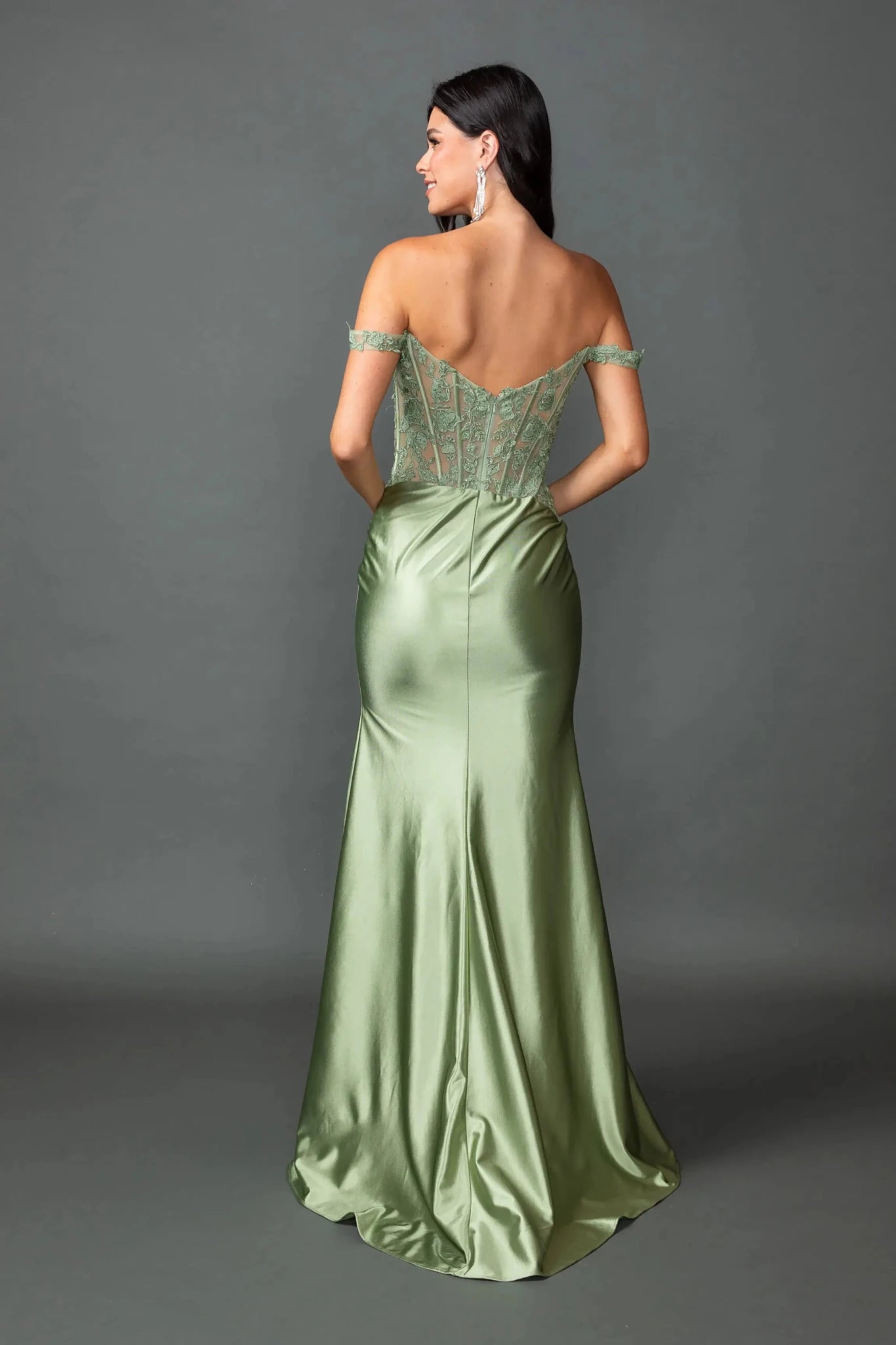 Back full Length view of Graceful Olive Off-Shoulder Satin Prom Dress with Slit