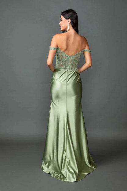Back full Length view of Graceful Olive Off-Shoulder Satin Prom Dress with Slit