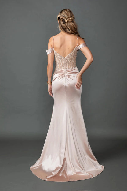 Back full Length view of Alluring Champagne Off-Shoulder Mermaid Prom Dress