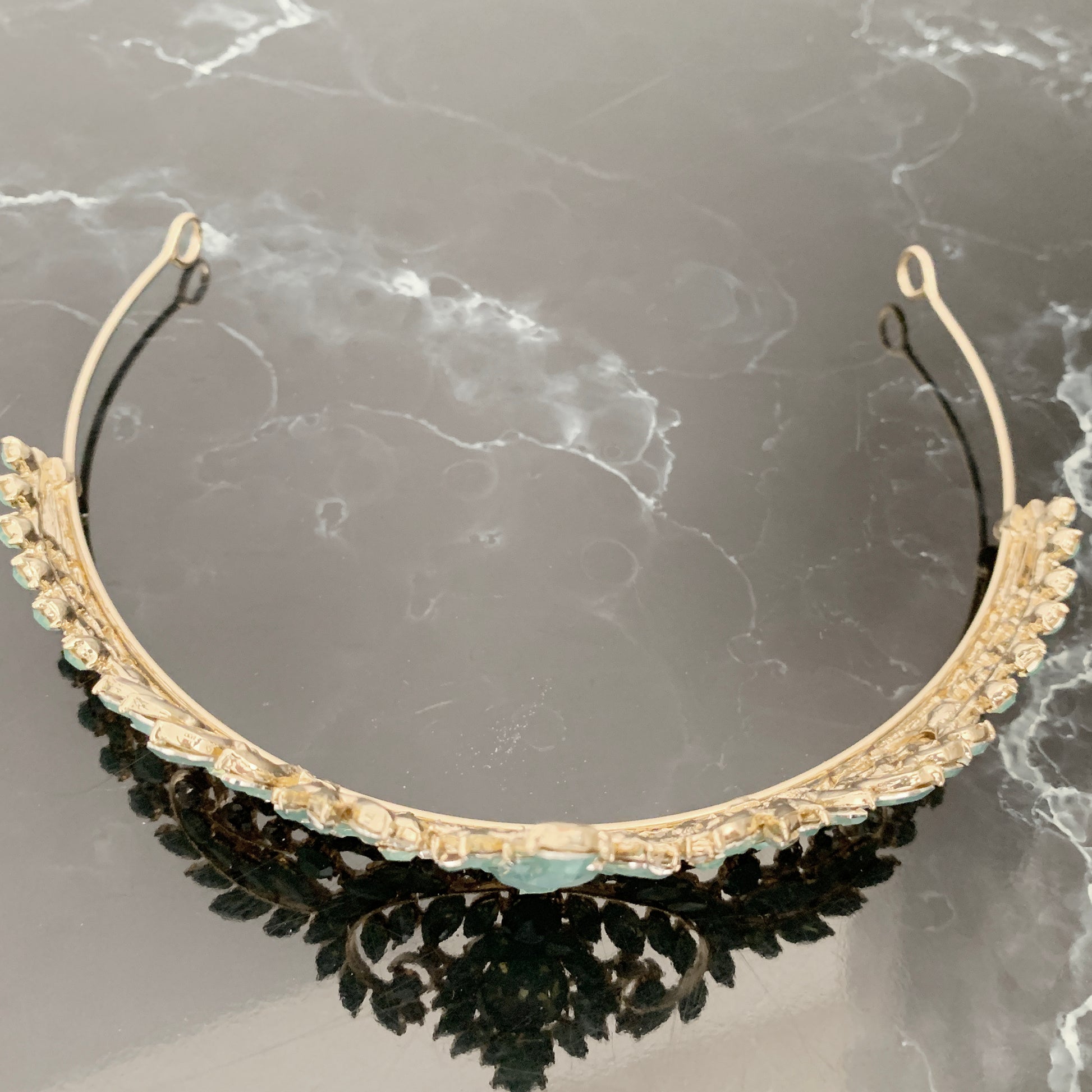 Sage gold quinceañera tiara, top view.