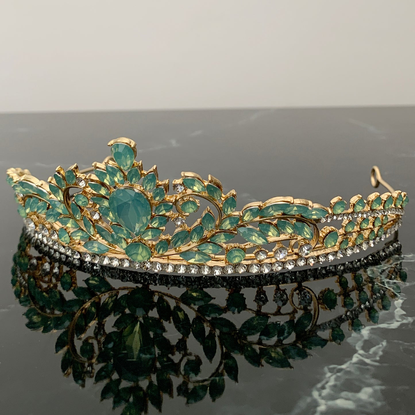 Sage gold quinceañera tiara, front view.