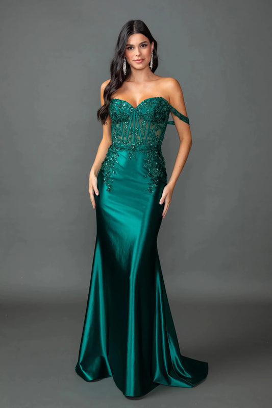 Showing beaded corset detailing above its satin skirt, this Hunter Green prom dress is shown in full view.