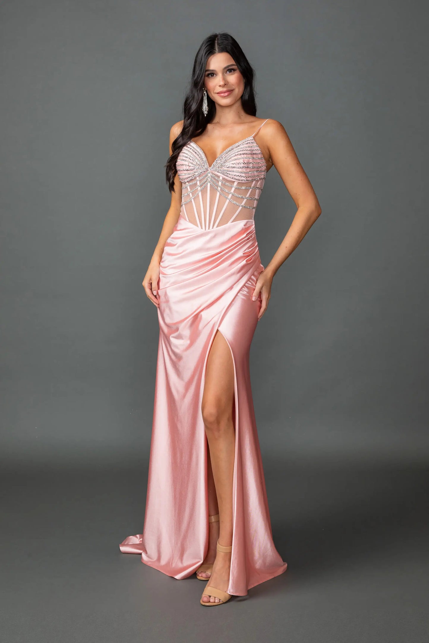 Blush satin evening dress with beaded corset bodice and high slit