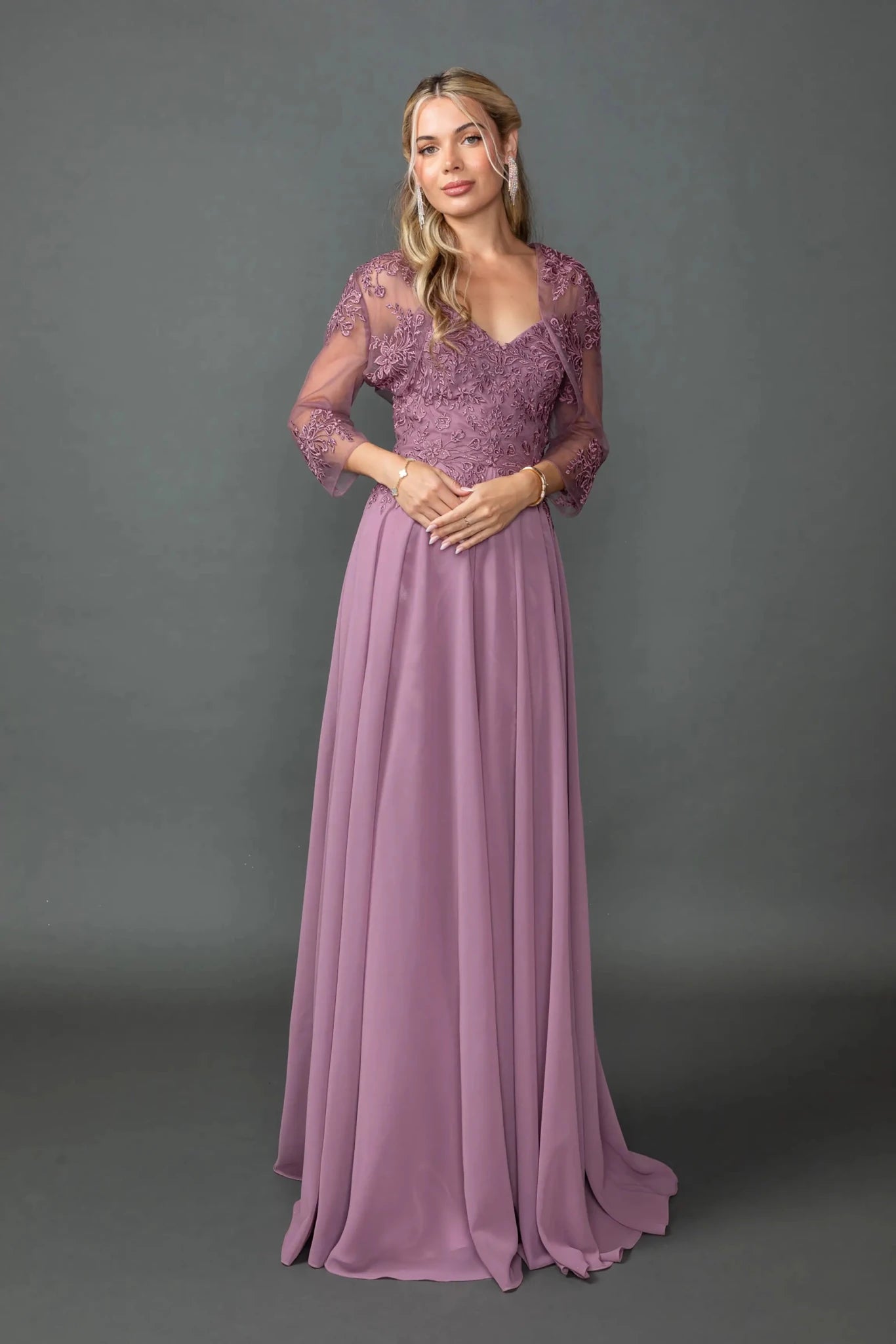 Mauve Chiffon Prom Dress with Embroidered Bodice Detail L / Purple