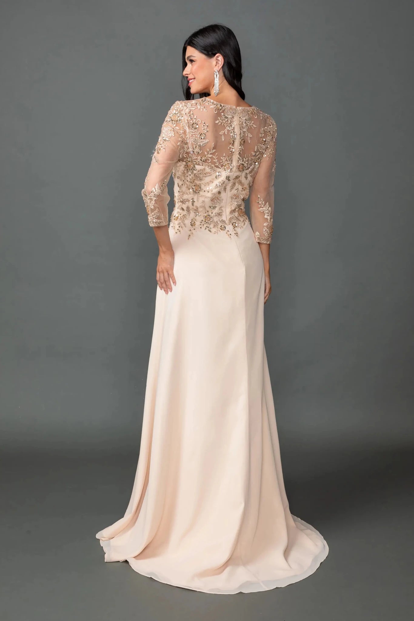 Back full Length view of Sophisticated Champagne V-Neck Chiffon Prom Dress with Slit