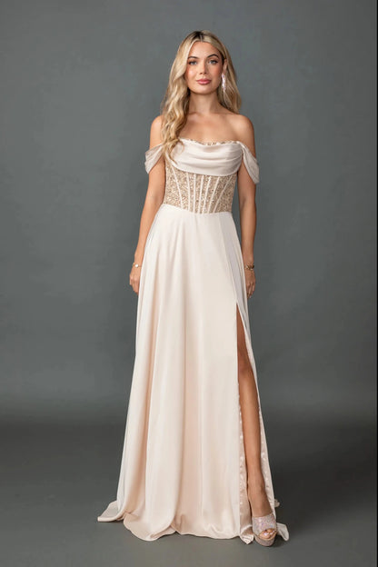 Woman in Champagne off-shoulder satin prom dress with beaded corset and slit.