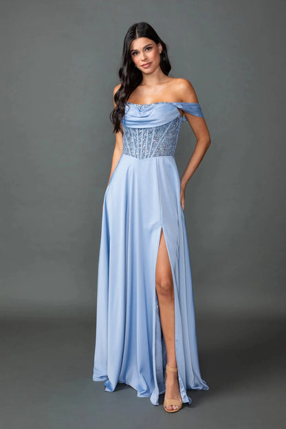 Woman in Dusty Blue off-shoulder satin prom dress with beaded corset and slit.