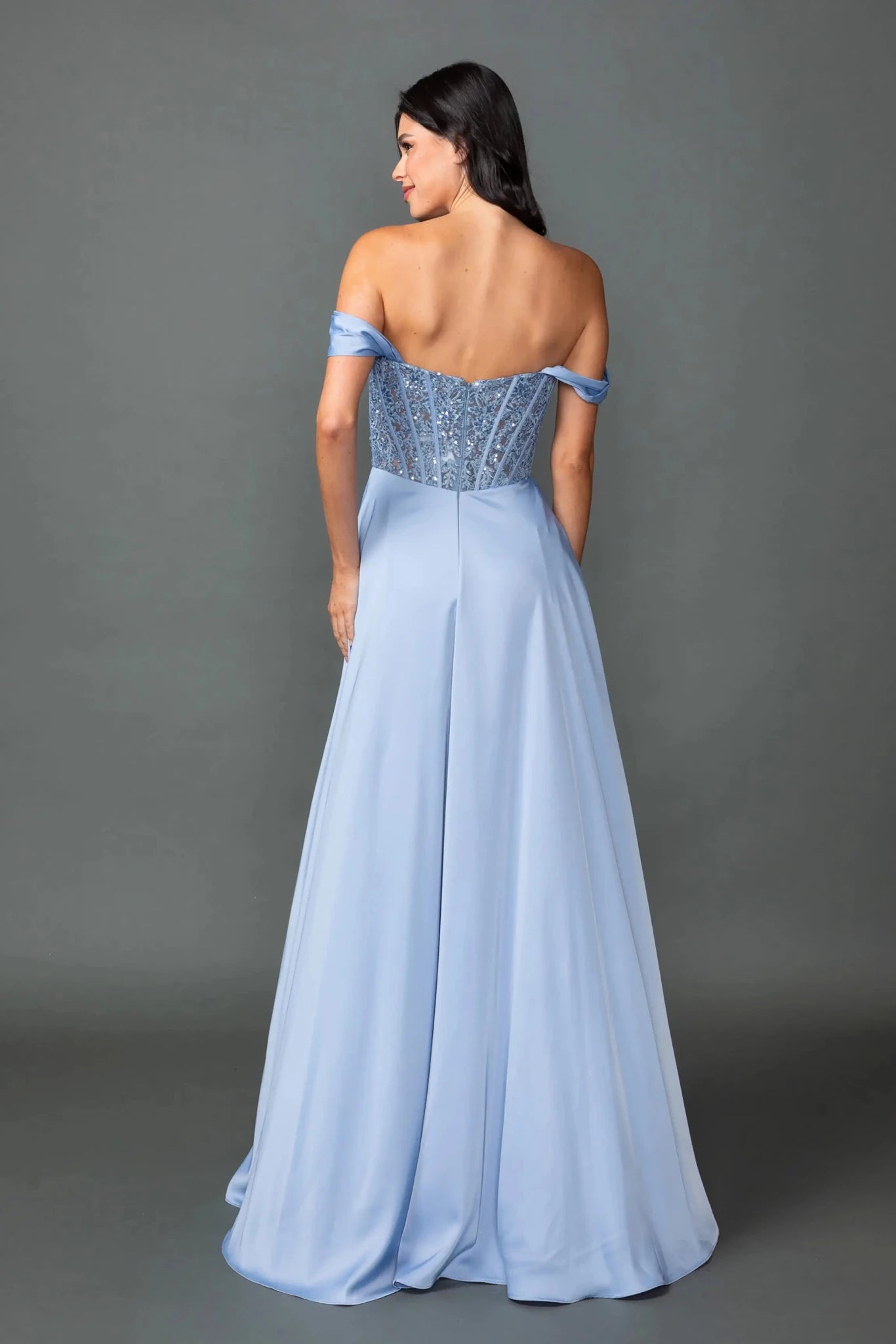 Back full Length view of Elegant Dusty Blue Off-Shoulder Satin Prom Dress with Slit