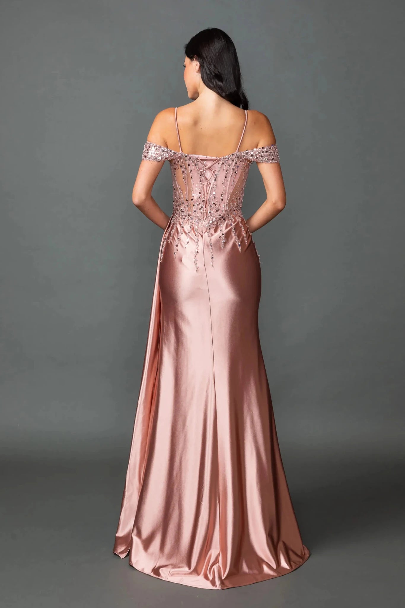 Rose gold prom dress embellished with sequins and beads with lace back  up