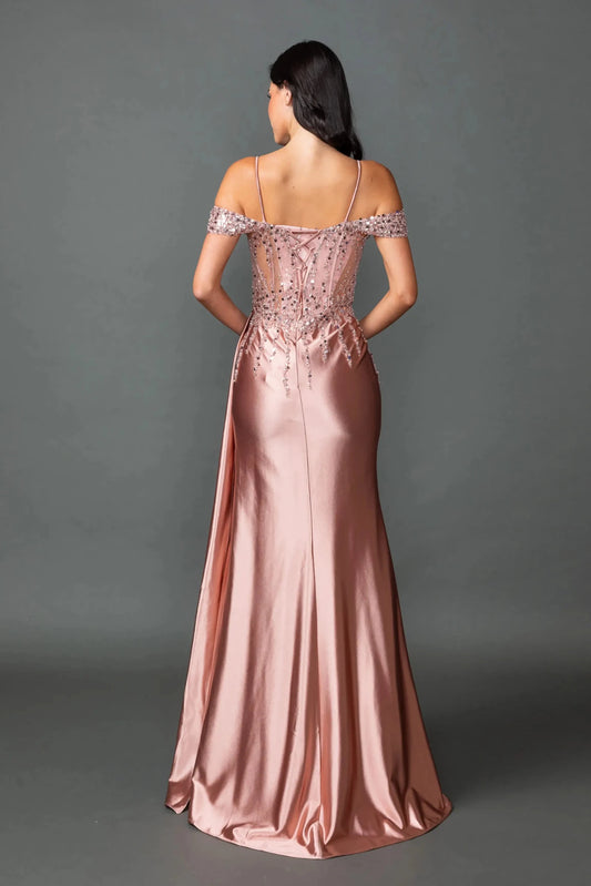 Back full Length view of Glittering Rose Gold Off-Shoulder Sequin Prom Dress with Slit