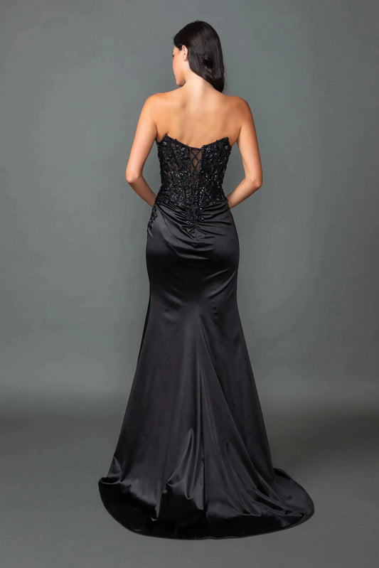 Back full Length view of Chic Black Strapless Satin Prom Dress with Slit
