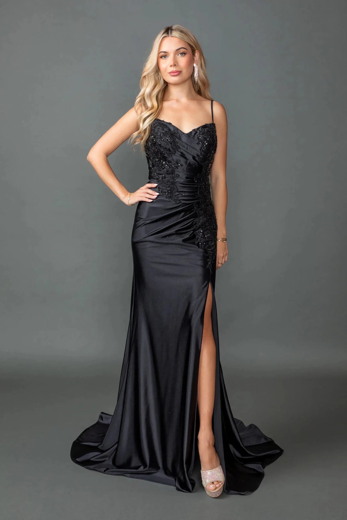 Black evening dress with sweetheart neckline and spaghetti straps
