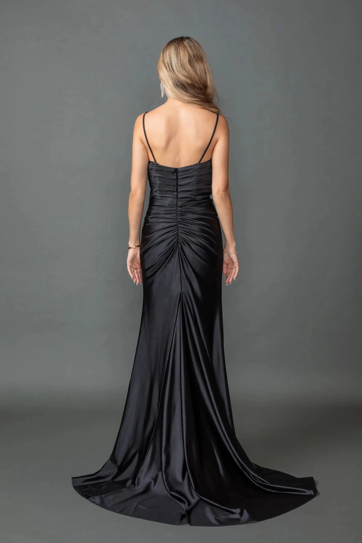Black evening dress designed with zipper back closure