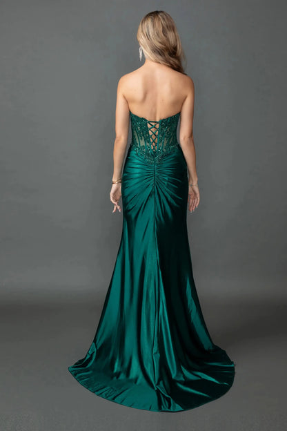 Back full Length view of Elegant Hunter Green Strapless Satin Prom Dress with Slit