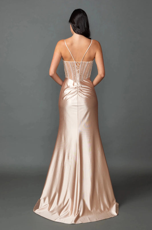 Back full Length view of Polished Champagne Corset Prom Dress with Satin Slit Skirt
