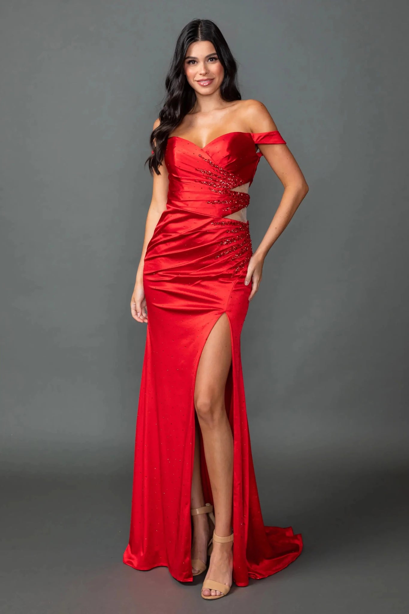 side cut out prom dresses Red Satin Dress with Cut-Out Detail – American Stride custom_Demure Color:COUNTRY TARTAN MULTICOLOR Black Petite Pants | and cut outs.