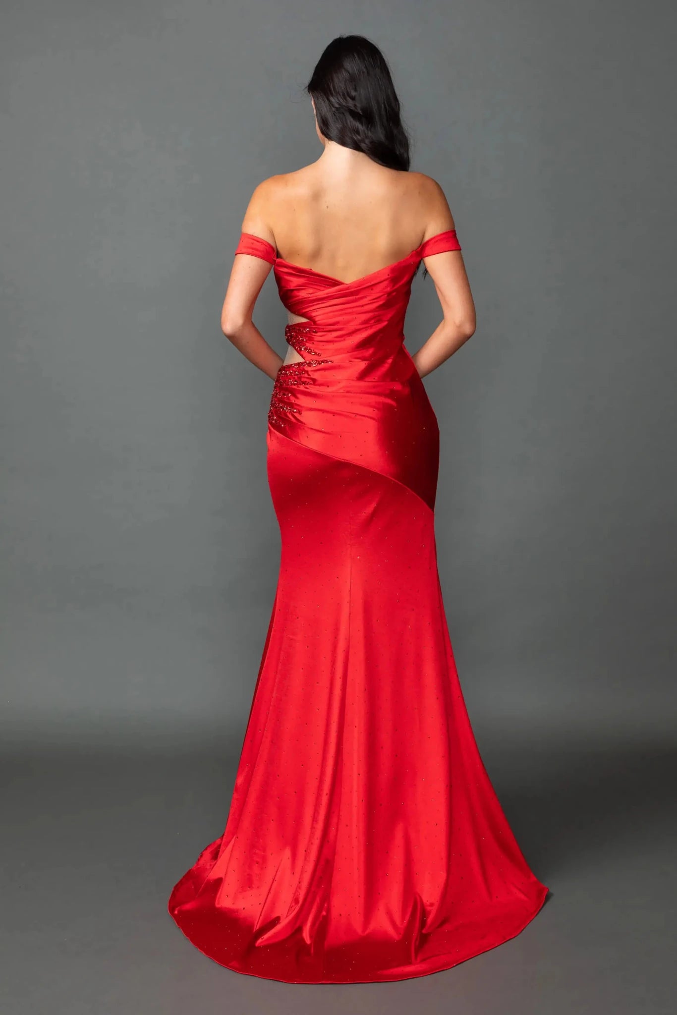Back full Length view of Striking Red Off-Shoulder Mermaid Prom Dress with Slit