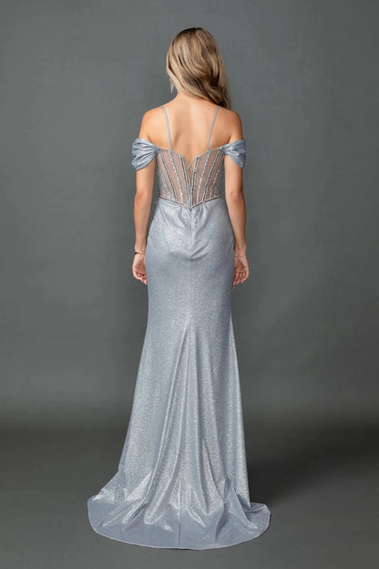 Back full Length view of Sparkling Silver Off-Shoulder Beaded Prom Dress with Slit