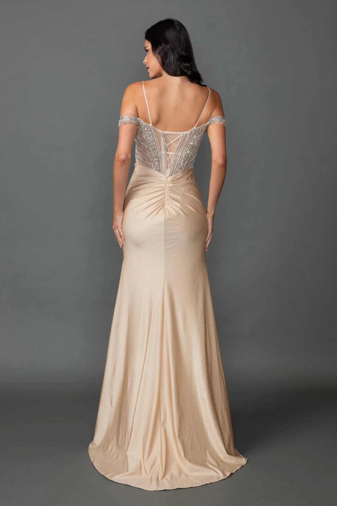 Back full Length view of Chic Champagne Off-Shoulder Corset Prom Dress with Slit