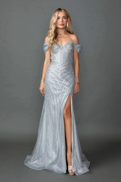 Woman in Silver off-shoulder prom dress with beaded corset and slit.
