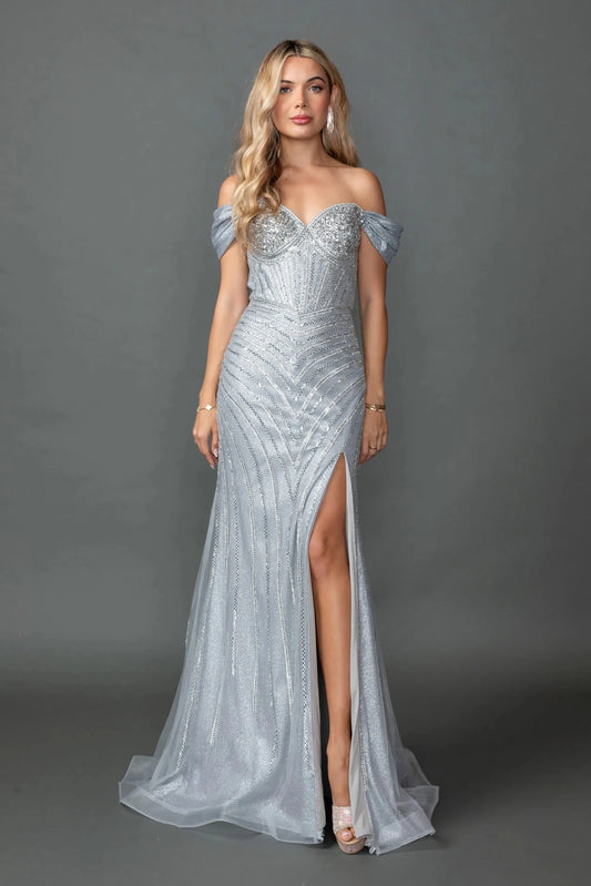 Woman in Silver off-shoulder prom dress with beaded corset and slit.