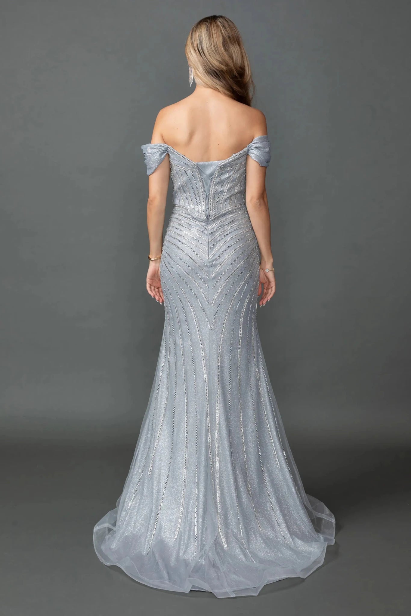 Back full Length view of Regal Silver Off-Shoulder Beaded Corset Prom Dress with Slit