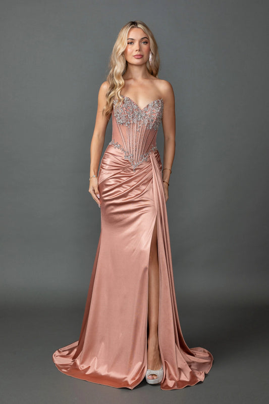 Featuring a floor-length skirt, this Rose Gold prom dress is shown in full view.