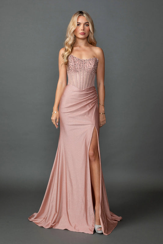 Featuring a floor-length skirt, this Rose Gold prom dress is shown in full view.
