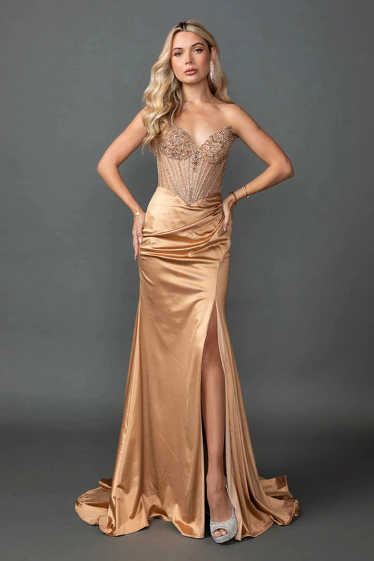 Woman in Gold strapless prom dress with beaded corset and ruched satin slit skirt.