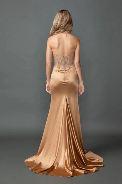 Back full Length view of Dazzling Gold Strapless Beaded Corset Prom Dress with Slit