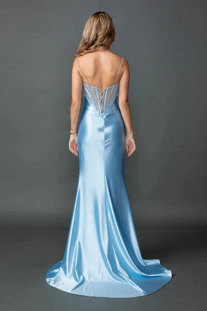 Back full Length view of Radiant Bahama Blue Beaded Corset Prom Dress with Slit