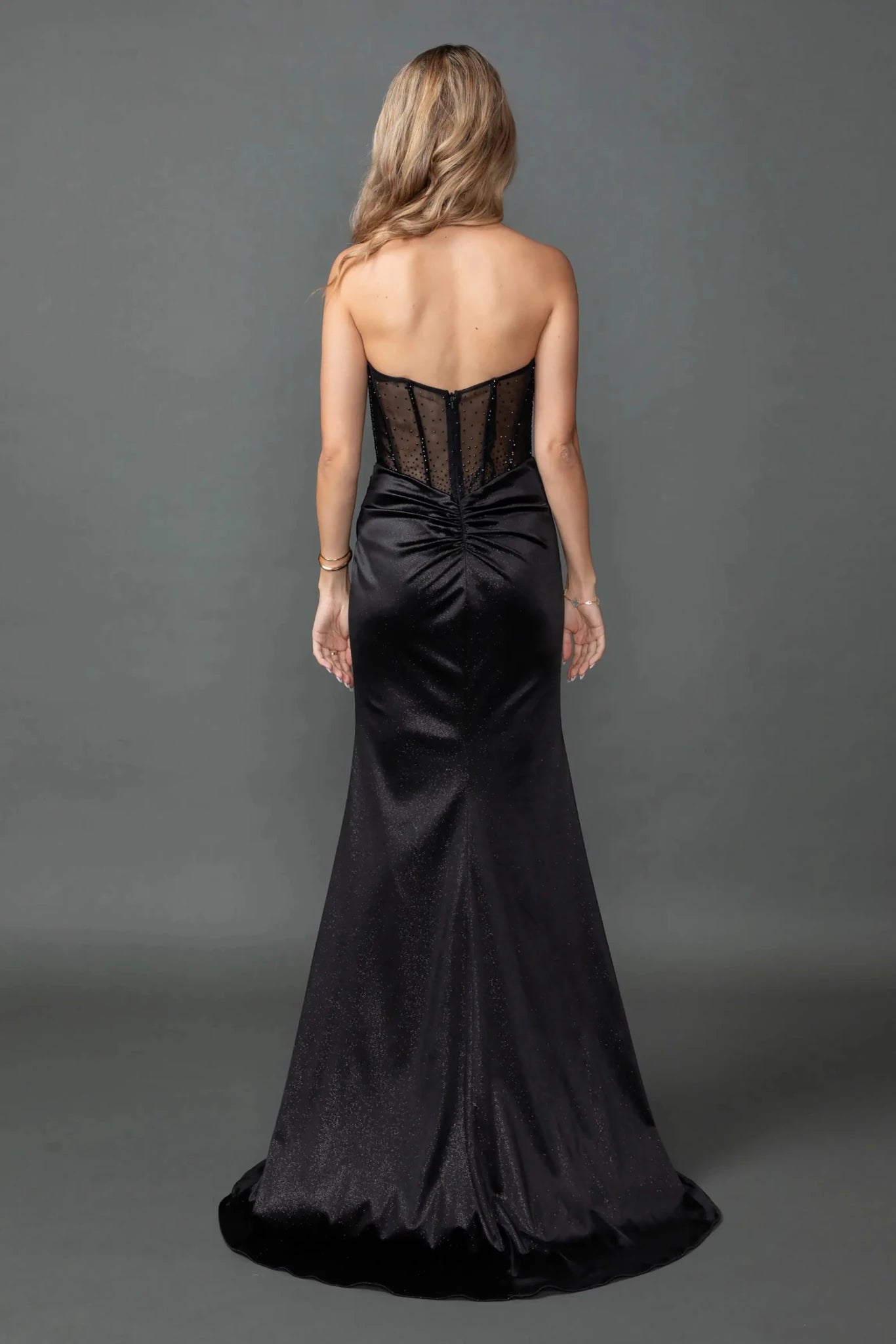 Back full Length view of Stunning Black One-Shoulder Beaded Prom Dress with Slit