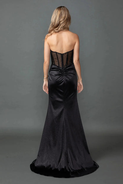 Back full Length view of Stunning Black One-Shoulder Beaded Prom Dress with Slit
