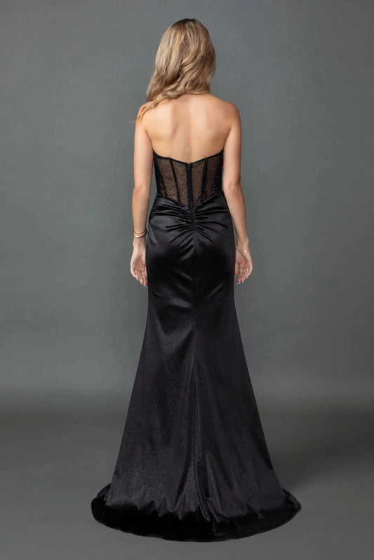 Back full Length view of Stunning Black One-Shoulder Beaded Prom Dress with Slit