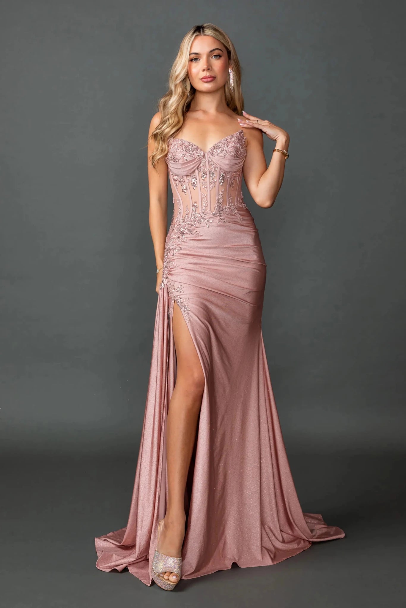 Glamorous Rose Gold Corset Prom Dress with Dramatic High Slit American Stride Glamorous Rose Gold Corset Prom Dress with Dramatic High Slit American Stride