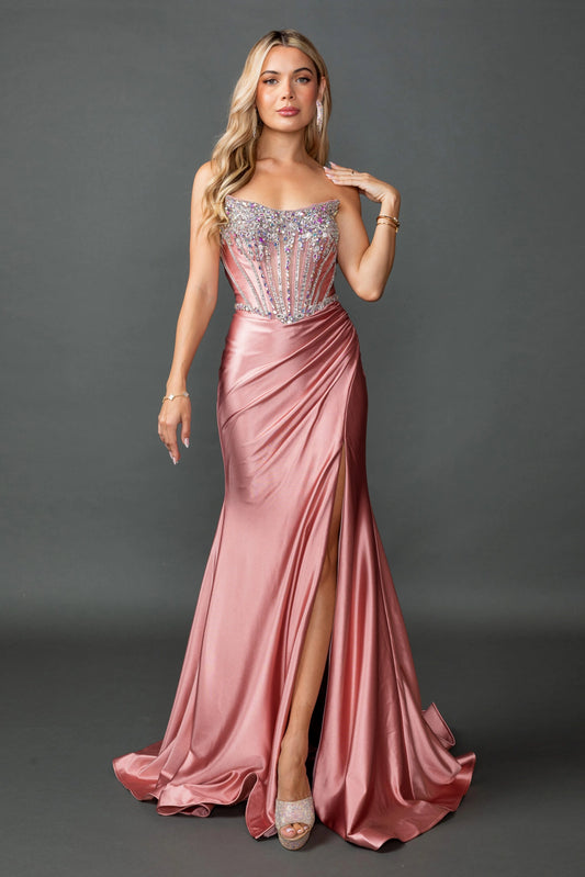 Featuring a floor-length skirt, this Rose Gold prom dress is shown in full view.