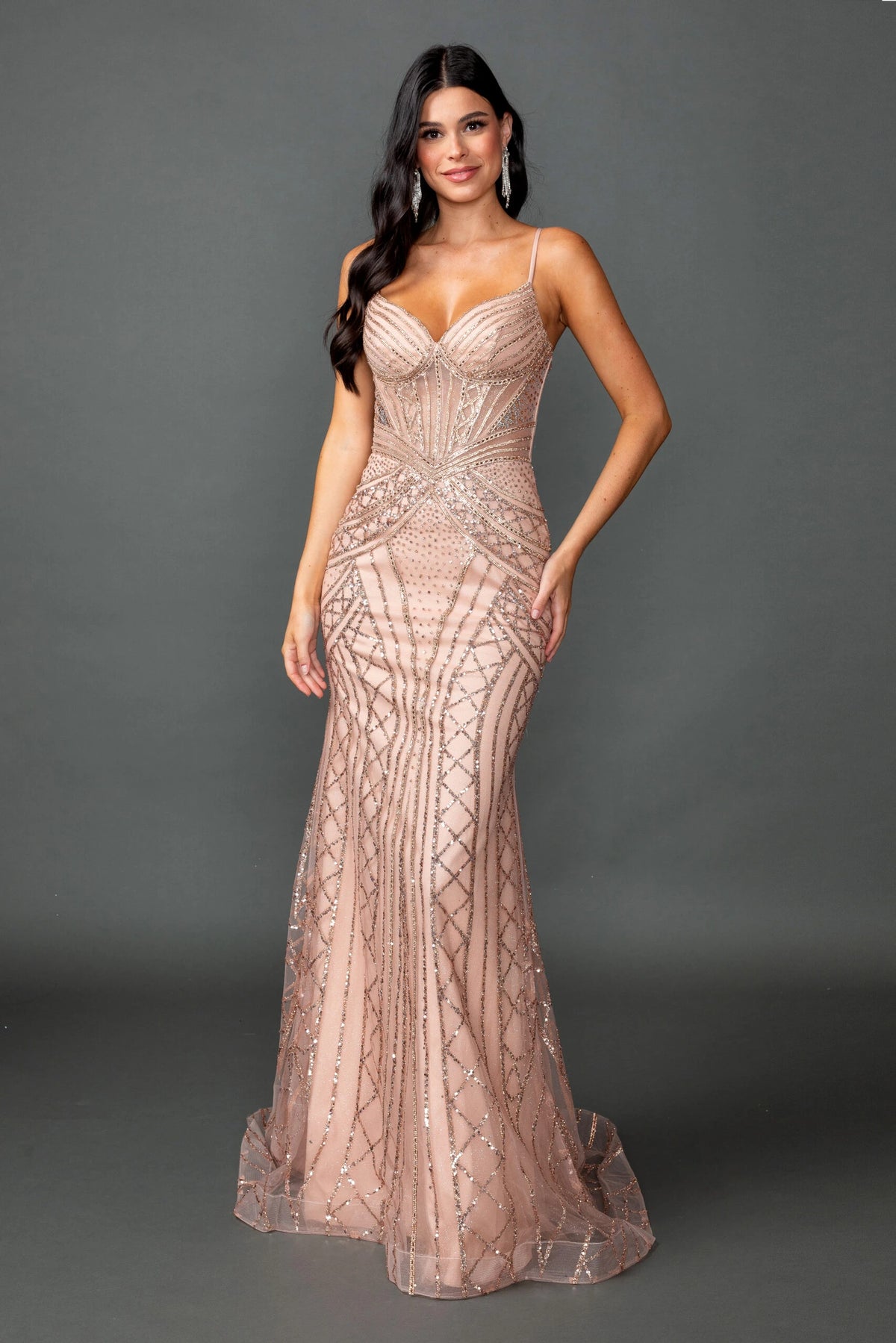 Featuring a floor-length skirt, this Rose Gold prom dress is shown in full view.
